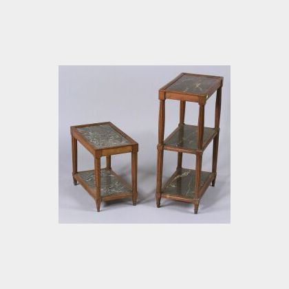 Two Louis XVI Style Walnut and Grey Marble End Tables