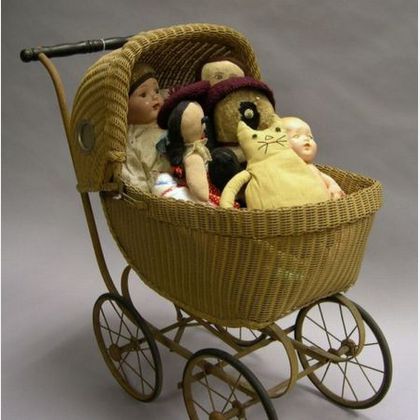 Doll Carriage and Group of Assorted Dolls