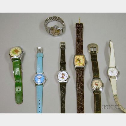 Three Mickey Mouse and Four Other Character Novelty Wristwatches