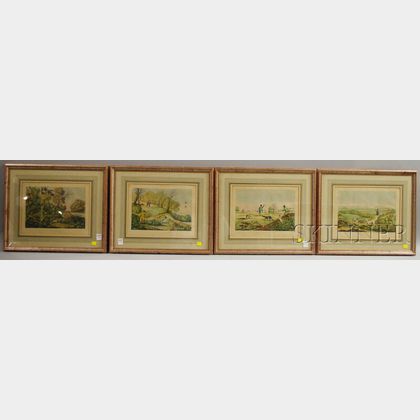 Set of Four Framed I.W. Laird Hand-colored Lithograph Hunting Prints