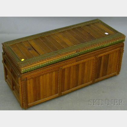 Tramp Art Painted Notch-carved Wood Lidded Blanket Box