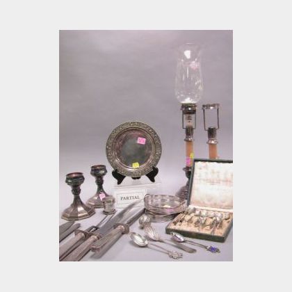 Group of Assorted Sterling and Plated Flatware, Candleholders and Table Items. 