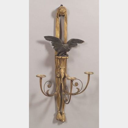 Classical Carved Wood and Giltwood and Brass Three-Light Candle Sconce
