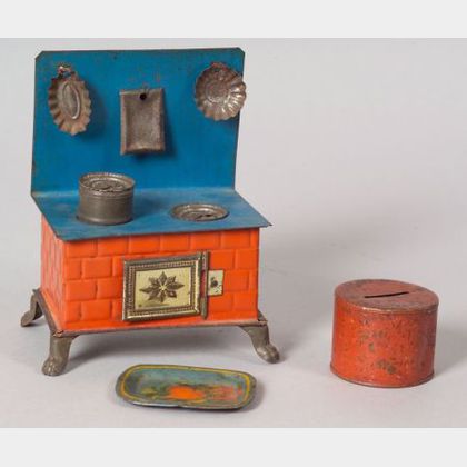 Miniature Painted Tin Stove, Tray, and Bank