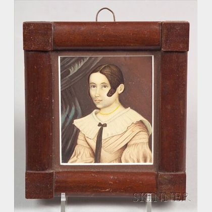 American School, 19th Century Portrait Miniature of a Brown-Haired Girl with a Curl.