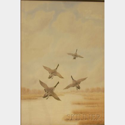 Framed Watercolor on Paper/board of Geese in Flight by Joseph Day Knap (American, 1875-1962)