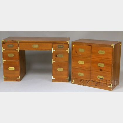 Campaign-style Brass-mounted Pine Double-pedestal Desk and Two-door Side Cabinet. 