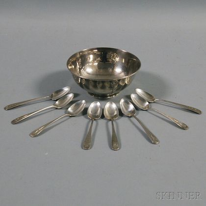 Arthur Stone Sterling Silver Side Bowl and a Set of Eight Coffee Spoons