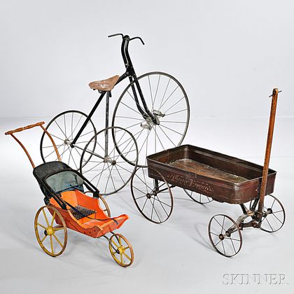 Tricycle, Tin Wagon, and Painted Doll Carriage
