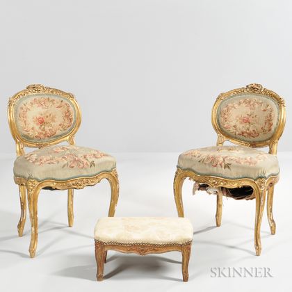 Pair of Louis XV-style Giltwood Chairs and a Tabouret