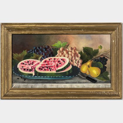 American School, 19th Century Tabletop Still Life with Pears, Watermelon, and Grapes