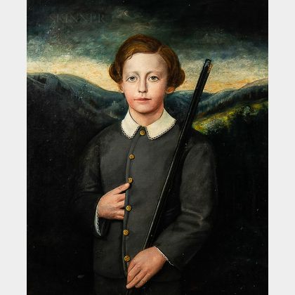 Anglo-American School, 19th Century Boy in a Gray Suit Holding a Rifle