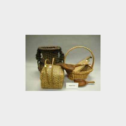 Six Assorted Woven Baskets and Five Wooden Kitchen Utensils. 