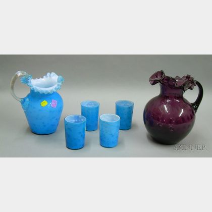 Five-piece Late Victorian Cased Blue and Mica Fleck Glass Juice Set and an Amethyst Thumbprint Pattern Glass Pitcher