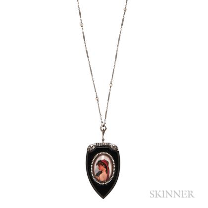 Art Deco Onyx and Reverse-painted Crystal Pendant and Chain