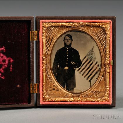 Sixth-plate Tintype Portrait of a Young Civil War Union Soldier Beside an American Flag