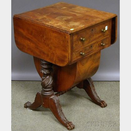 Empire Carved Mahogany and Mahogany Veneer Drop-leaf Two-drawer Sewing Stand