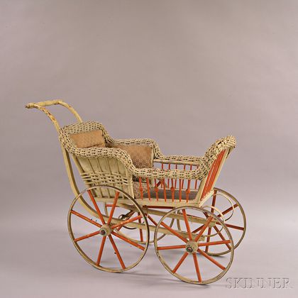 White-painted Wicker and Turned Wood Doll Carriage. Estimate $100-150