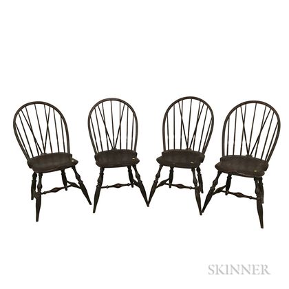 Set of Four Bench-made Black-painted Braced Bow-back Windsor Side Chairs