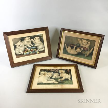 Three Framed Currier & Ives Lithographs of Kittens