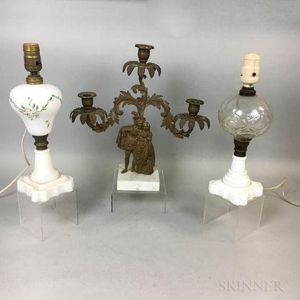 Two Glass Fluid Lamps and a Figural Two-light Lustre