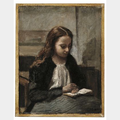 Jean-Baptiste-Camille Corot (French, 1796-1875) Jeune fille assise lisant, les cheveux sur les épaules