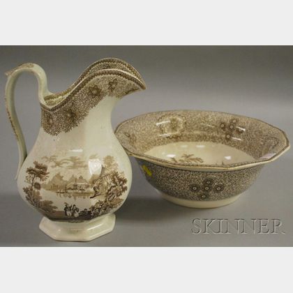 Halls Brown and White Transfer Singanese Pattern Chamber Basin and Pitcher. 