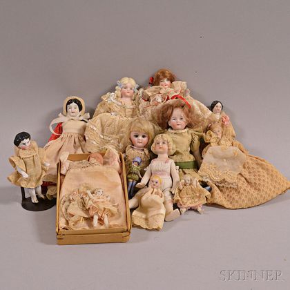 Fourteen Small Bisque Dollhouse Dolls. Estimate $100-200