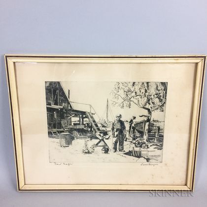 Framed Lionel Barrymore (California, 1878-1954) Etching of a Dockyard