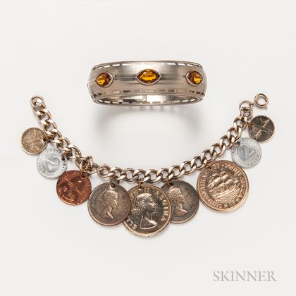Silver Charm Bracelet with Coin Charms and a Costume Bangle