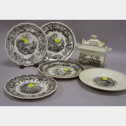 Five Assorted English Black and White Transfer Decorated Staffordshire Plates and a Covered Sugar