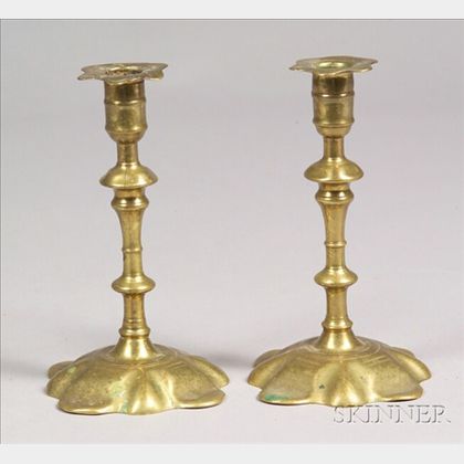 Pair of Queen Anne Brass Petal-base Candlesticks