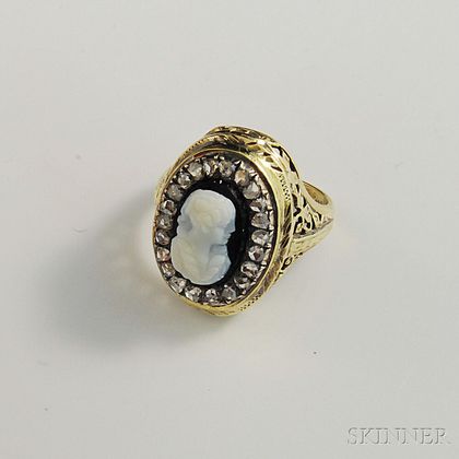 14kt Gold, Cameo, and Rose-cut Diamond Ring
