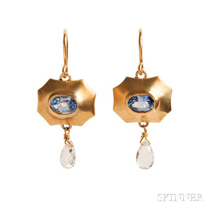 18kt Gold, Sapphire, and Beryl Earrings