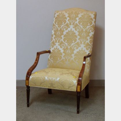 Federal-style Damask Upholstered Inlaid Mahogany Easy Chair. 