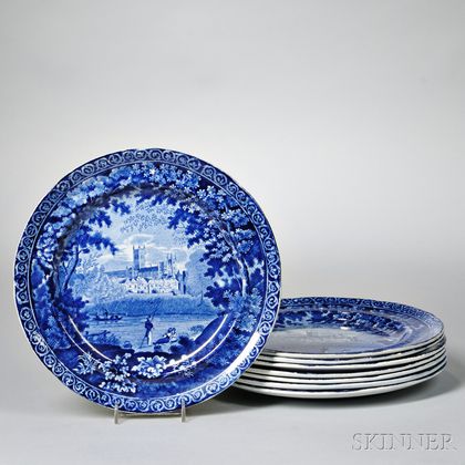 Eight Blue Staffordshire Dinner Plates