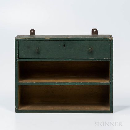 Green- and Yellow-painted Hanging Shelf with Drawer