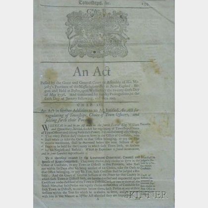 Framed 1757 Act Regulating Province of Massachusetts-Bay in New England Townships, Choice of Town Officers, and... 