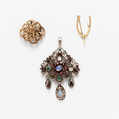 Two 14kt Gold Brooches and a Silver Gem-set Pendant