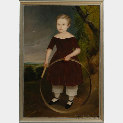 American School, 19th Century Portrait of a Boy Wearing a Red Dress, Playing with a Hoop.