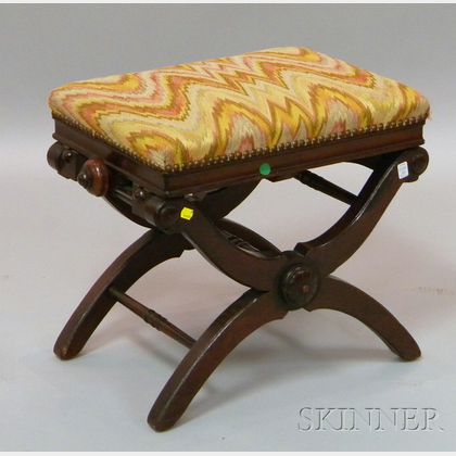 Victorian Renaissance Revival Upholstered Carved Walnut Adjustable Piano Stool. 