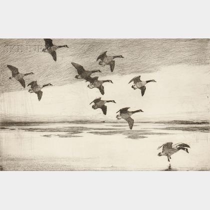 Frank Weston Benson (American, 1862-1951) Geese Drifting Down