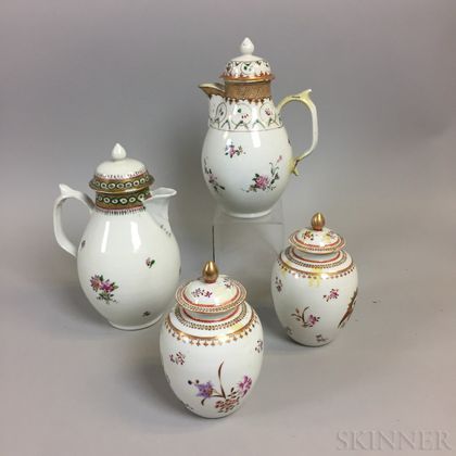 Two Chinese Export Porcelain Coffeepots and Two Eagle-decorated Covered Jars