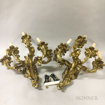 Pair of Rococo-style Brass Five-light Wall Sconces