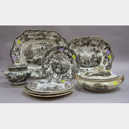 Four Assorted English Black and White Transfer Decorated Staffordshire Plates, Two Platters, a Covered Serving Dish, and Sugar