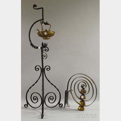 Wrought Iron Scrollwork Stand with Brass Hot Water Kettle and a Scrolling Wrought Iron Door Mount with Four Bells