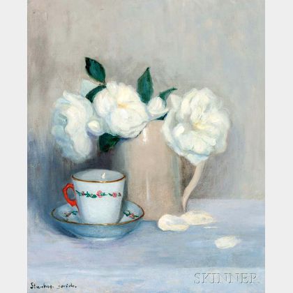 French School, 20th Century Still Life with White Roses and a Teacup