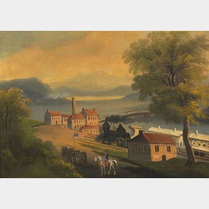 American School, 19th Century Primitive Landscape with Train and Troops.