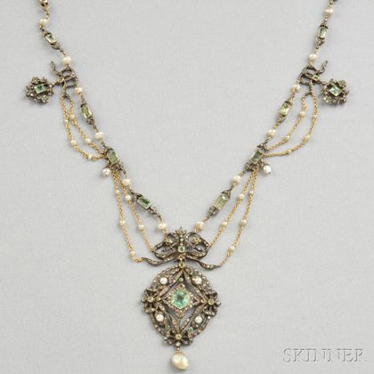 Antique Natural Pearl, Emerald, and Diamond Necklace