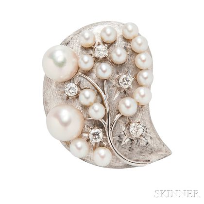 14kt White Gold, Cultured Pearl, and Diamond Brooch